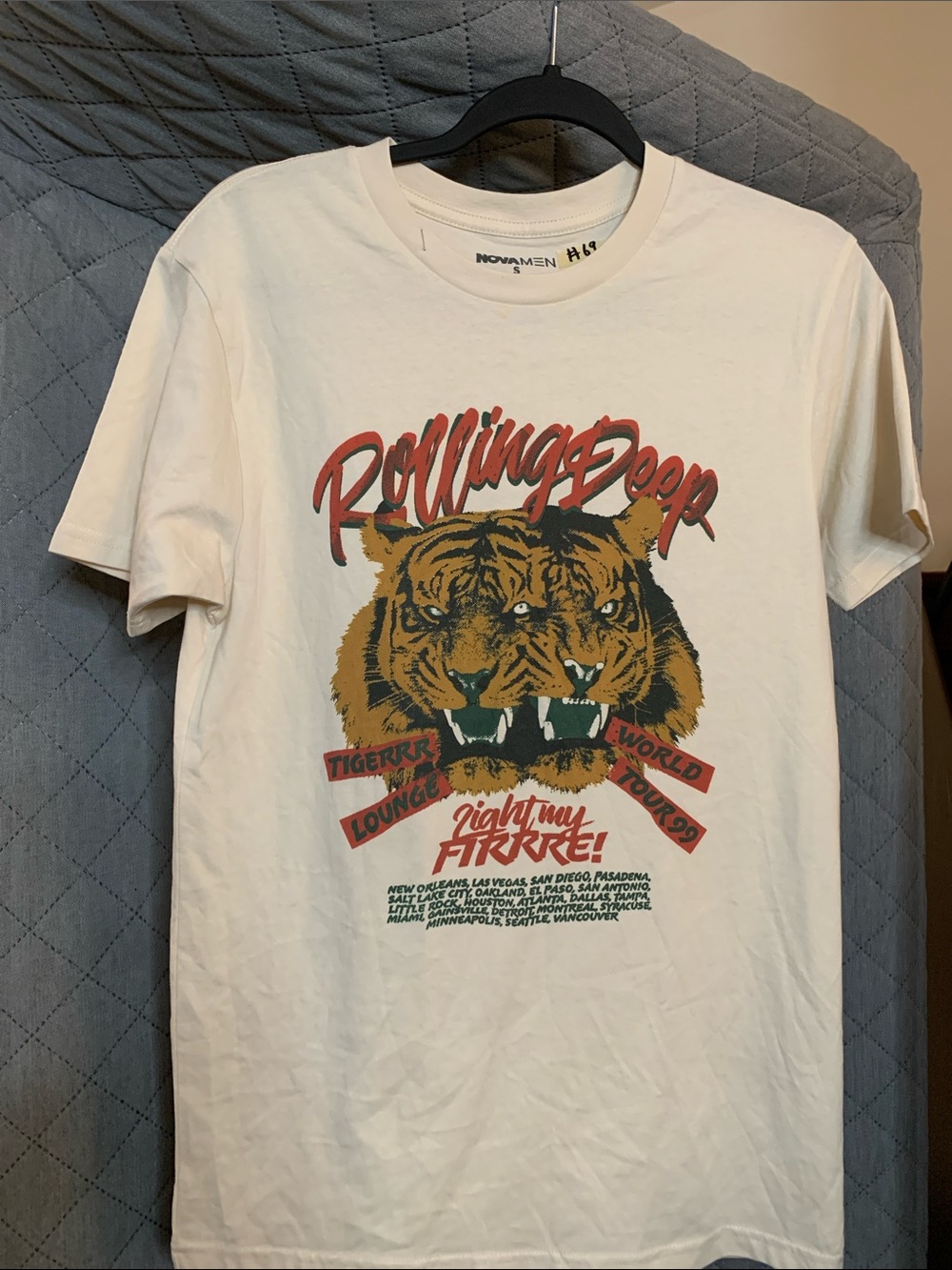 Fashion Nova White Graphic Tee with Tiger Motif and Red Script